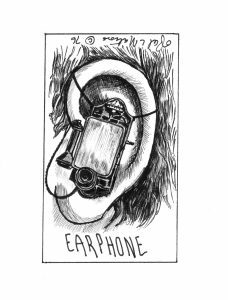 old fashioned phone in an ear with the caption: earphone