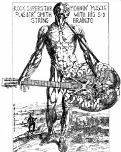 Cartoon of a human body holding a banjo drawn as a brainjo