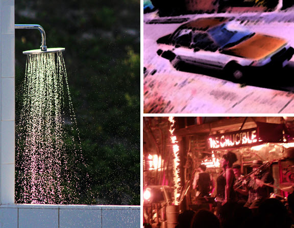 3 picture montage of a shower, a car & performers singing and playing instruments on stage