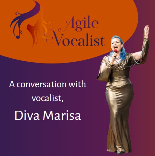 Woman in gold dress with blue hair singing into a mircophone. Text: A conversation with vocalist, Diva Marisa.