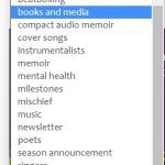 Dropdown menu showing books and media, compact audio memoir, instrumentalists, memoir, mental health, milestones and more topics you can sort episodes and web pages by