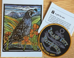 Picture of a card with a California quail drawing on it beside a clothing patch that reads: Island City Waterways and an Amazon gift note message.