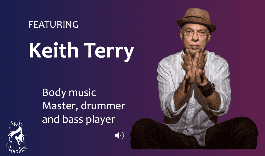 Man in hat clapping his hands together directly at the camera. Text: Featuring Keith Terry. Body music Master, drummer and bass player.